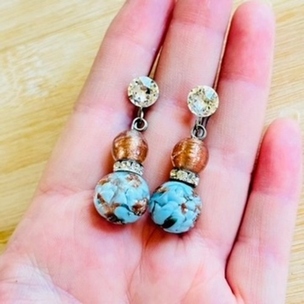 VTG Art Deco End of Day Foil Fleck Blue Earrings Murano Glass Dangle Screw Back